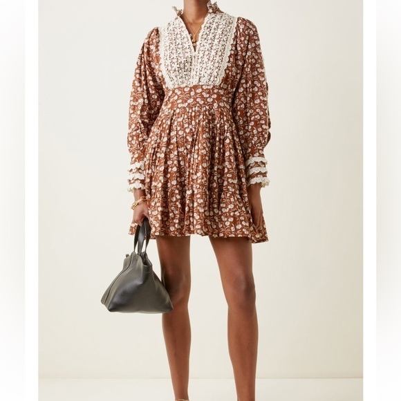 by TiMo NWT cotton slub floral mini dress brown and cream embroidery